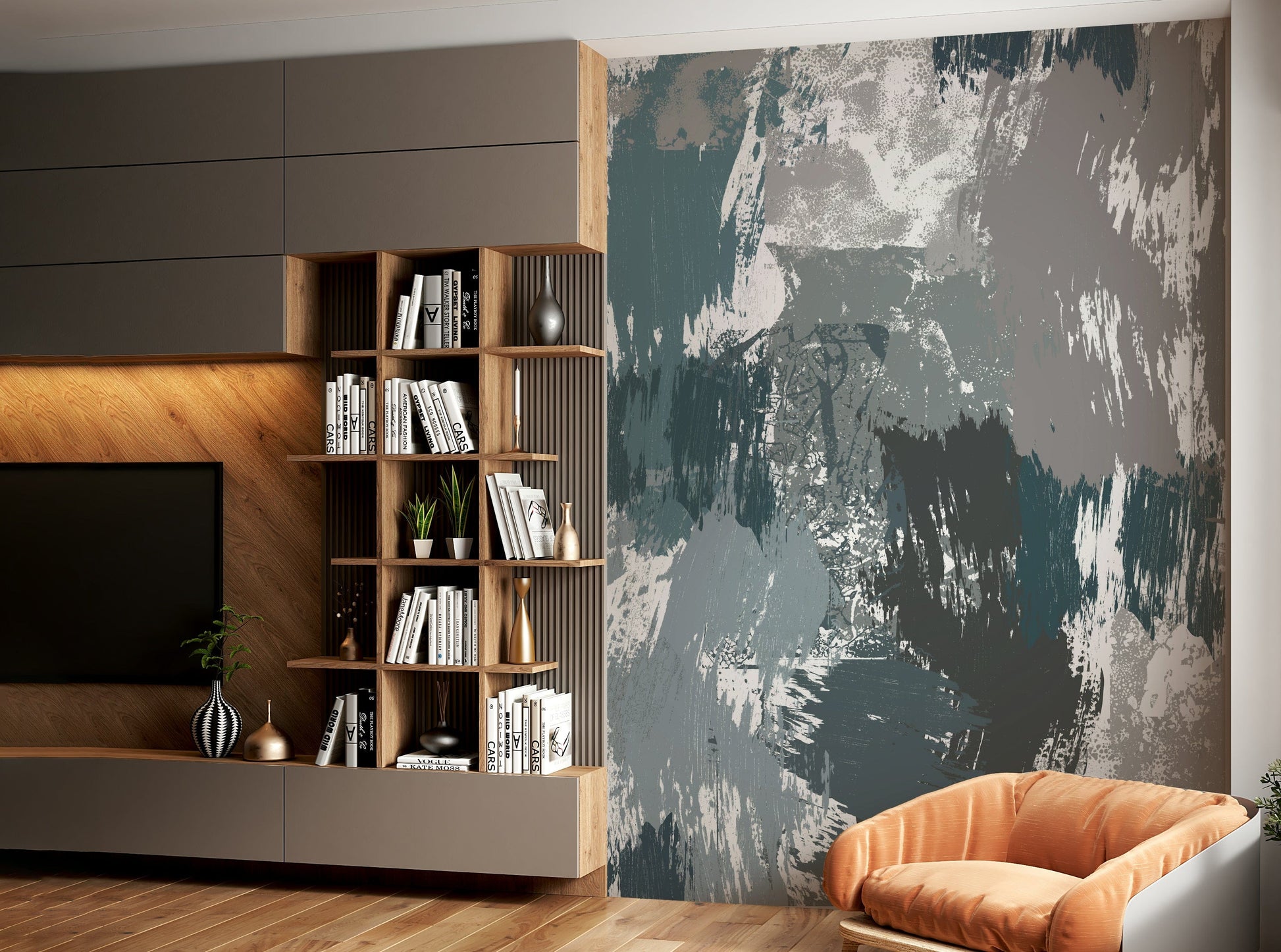 A beautiful wide-angle wall mural of a snowy range.

