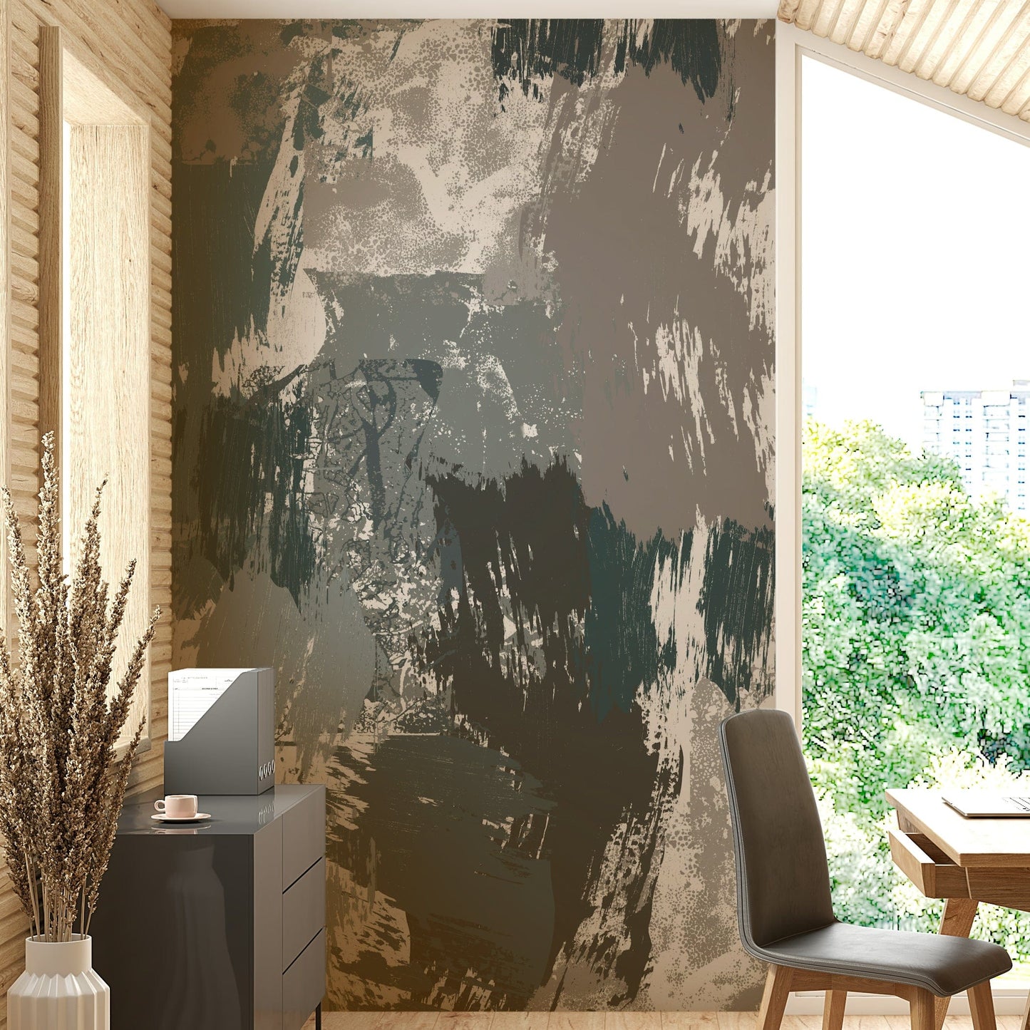 An artistic scenic landscape mural on minimalist wallpaper.

