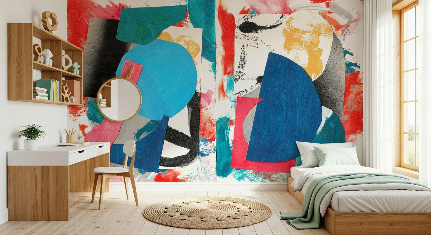 Collage Chaos Abstract Wall Mural – Bold, colorful wall mural featuring layered shapes and chaotic paint textures for a modern interior.