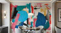 Collage Chaos Wall Mural – Abstract mural featuring layered geometric shapes in vibrant colors over expressive brushstrokes.