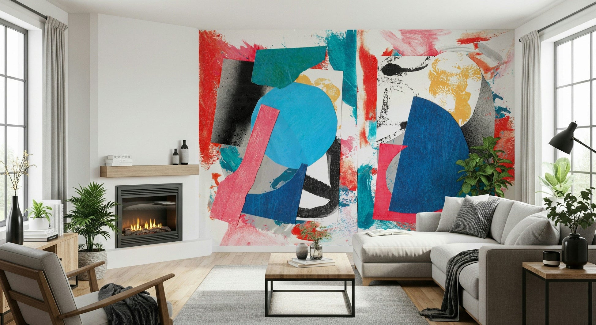 Abstract Color Explosion Wall Mural – Energetic mural featuring chaotic layering of shapes and colorful paint strokes.