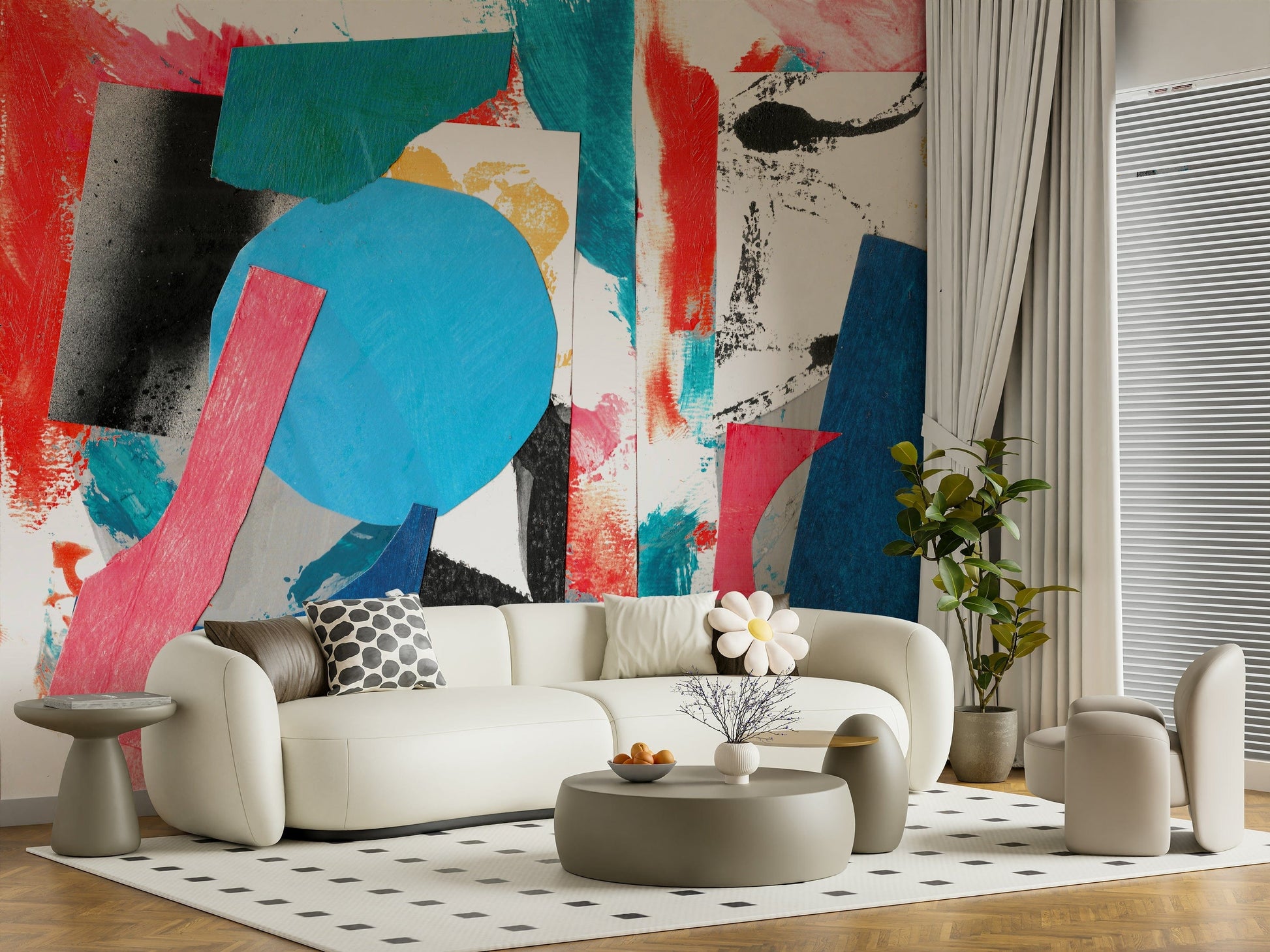 Colorful Geometric Collage Wallpaper – Playful wall mural combining bold shapes with textured brushstroke backgrounds.