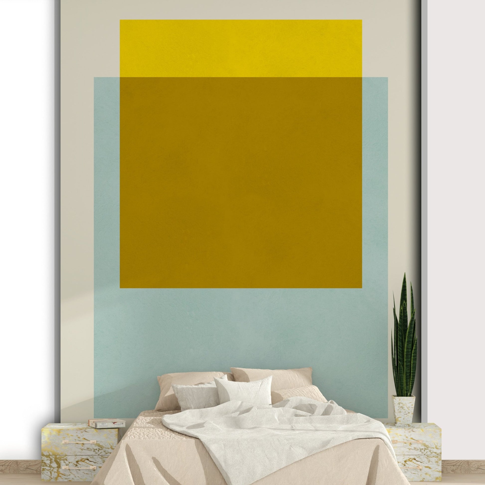 A wall mural with a geometric color block pattern.

