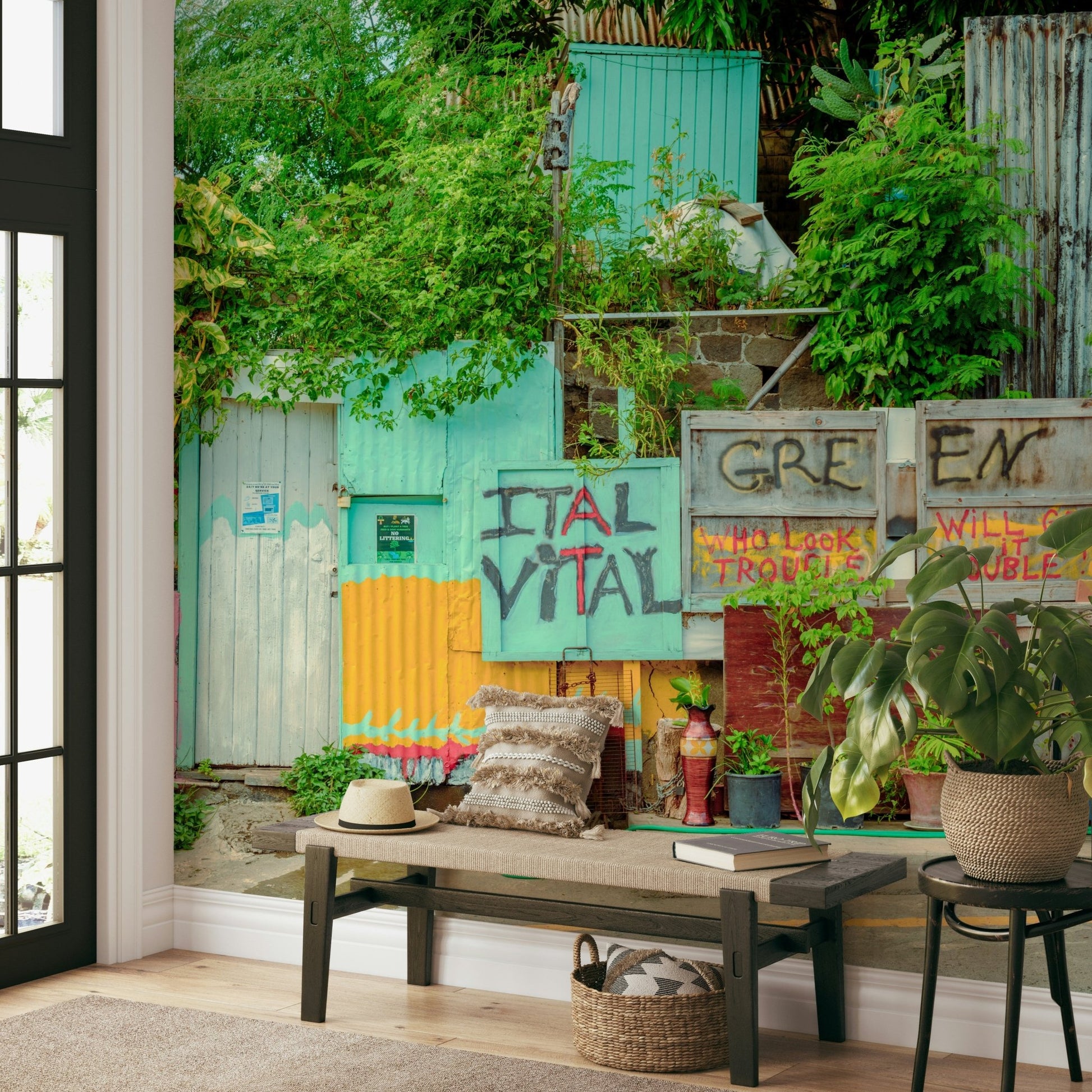 Wall mural showing a vibrant urban alleyway scene.

