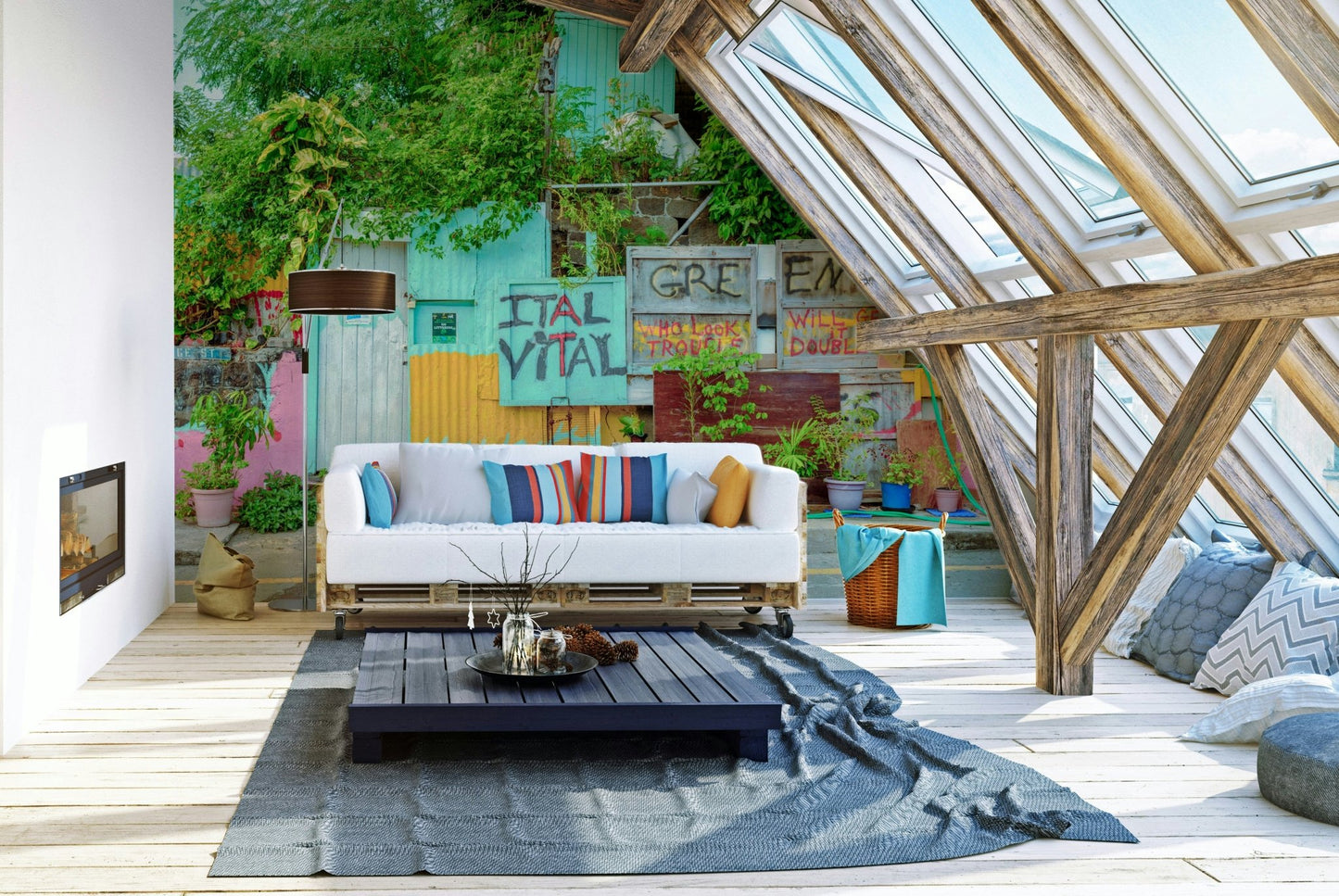 Colorful Alleyway Charm wallpaper for a unique living room.

