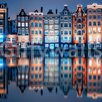 Artistic Dutch city wallpaper with a bold color palette