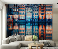 Colorful Amsterdam Wall Mural featuring vibrant canal houses