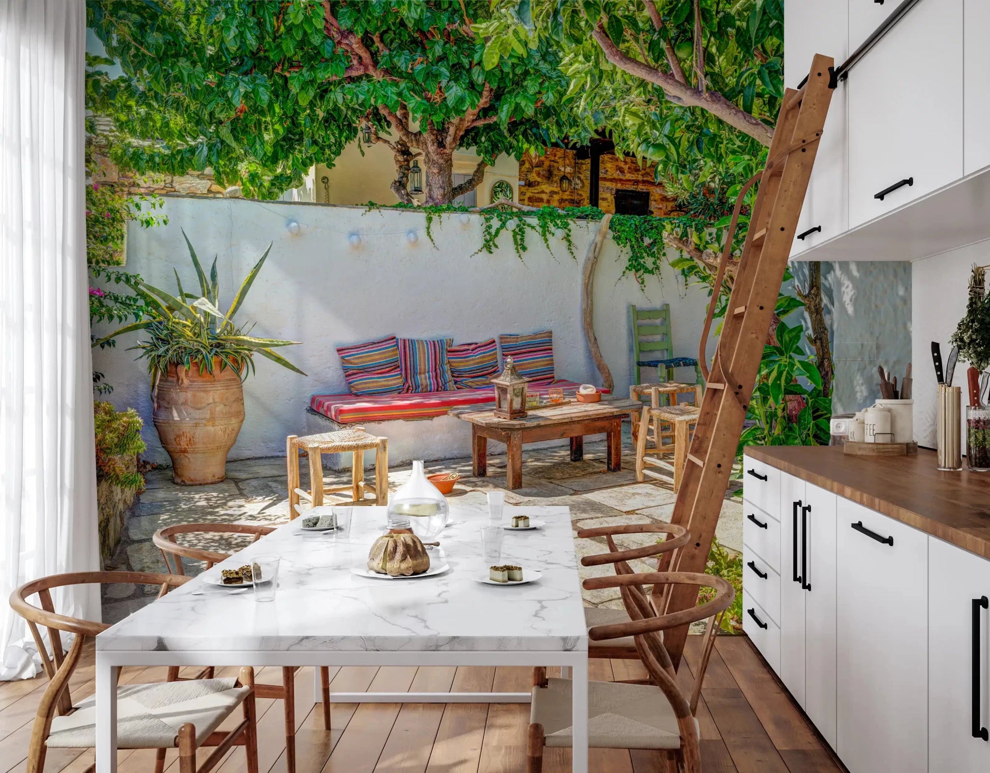 Rustic wooden table and woven stools in Colorful Backyard Patio Wall Mural.