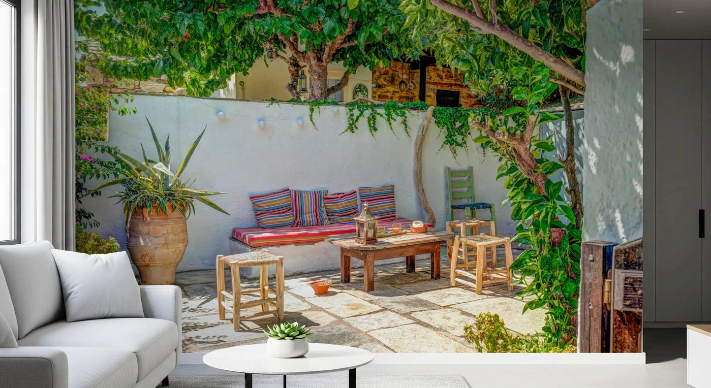Large terracotta planter and agave plant on Colorful Backyard Patio Wall Mural.