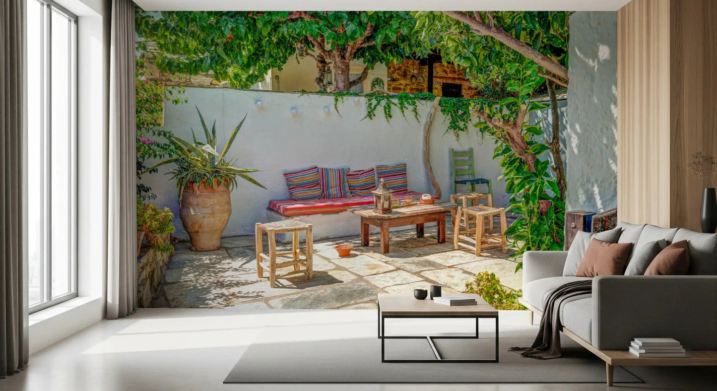 Colorful Backyard Patio Wall Mural displaying a sun-drenched garden retreat.
