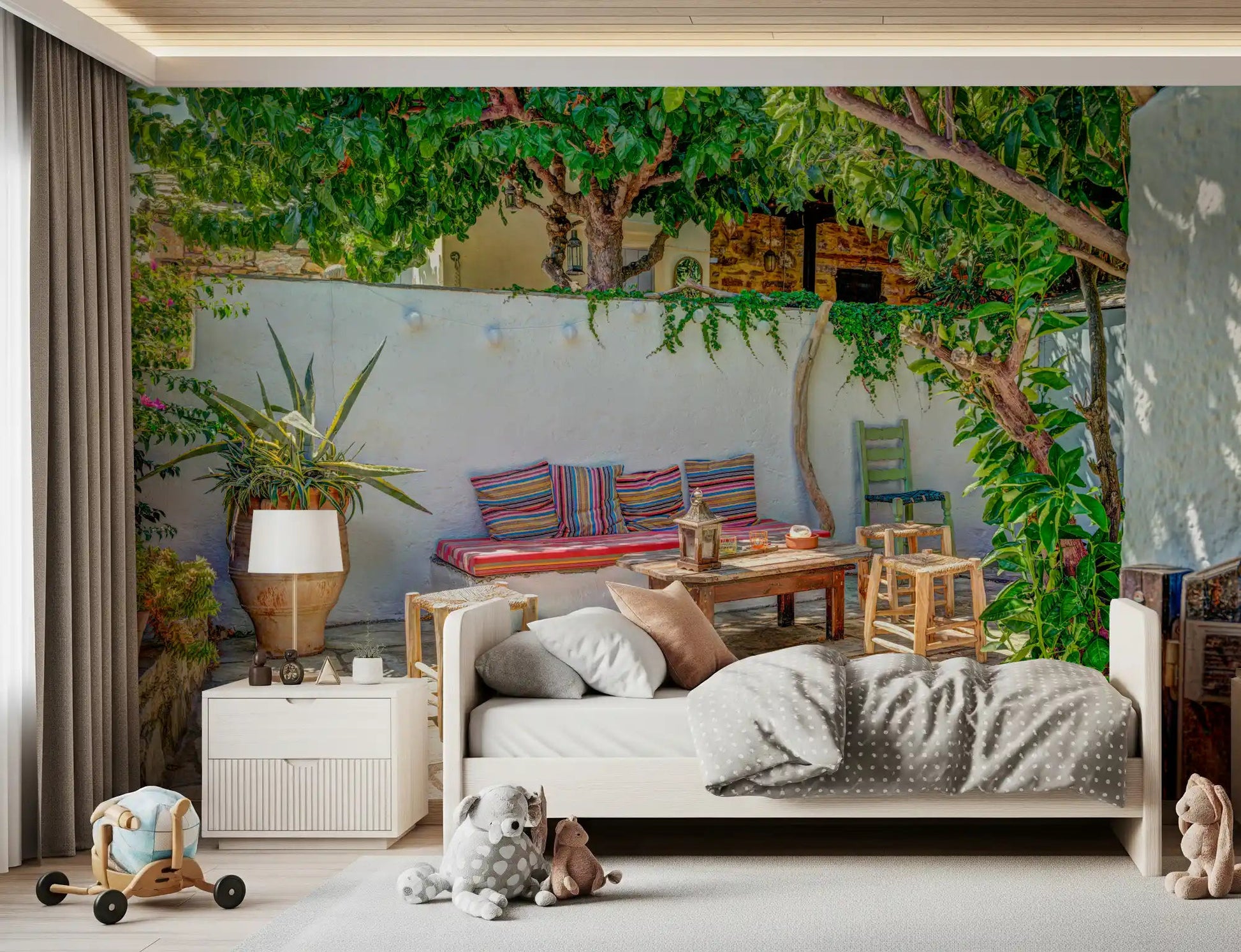 Mediterranean courtyard scene featured in this Colorful Backyard Patio Wall Mural.