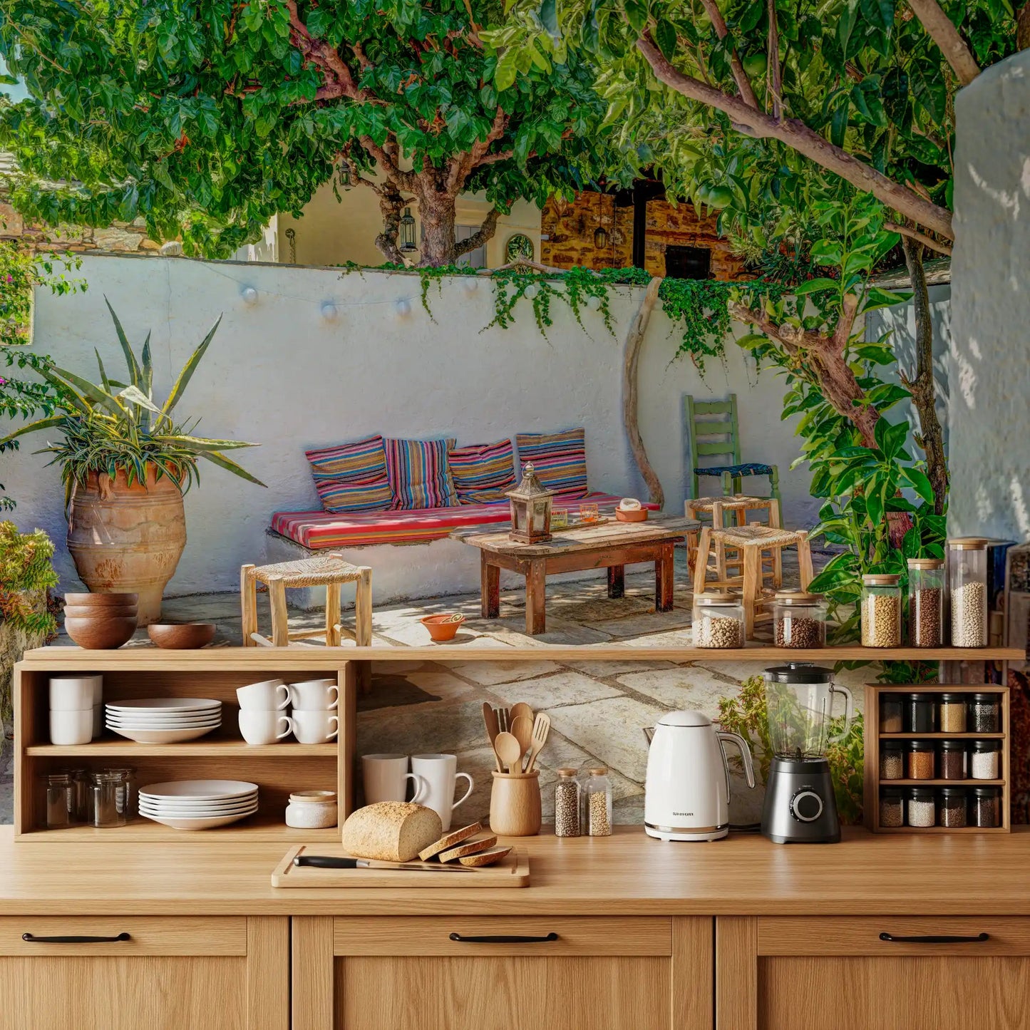 Striped pillows and wooden stools on a Colorful Backyard Patio Wall Mural.