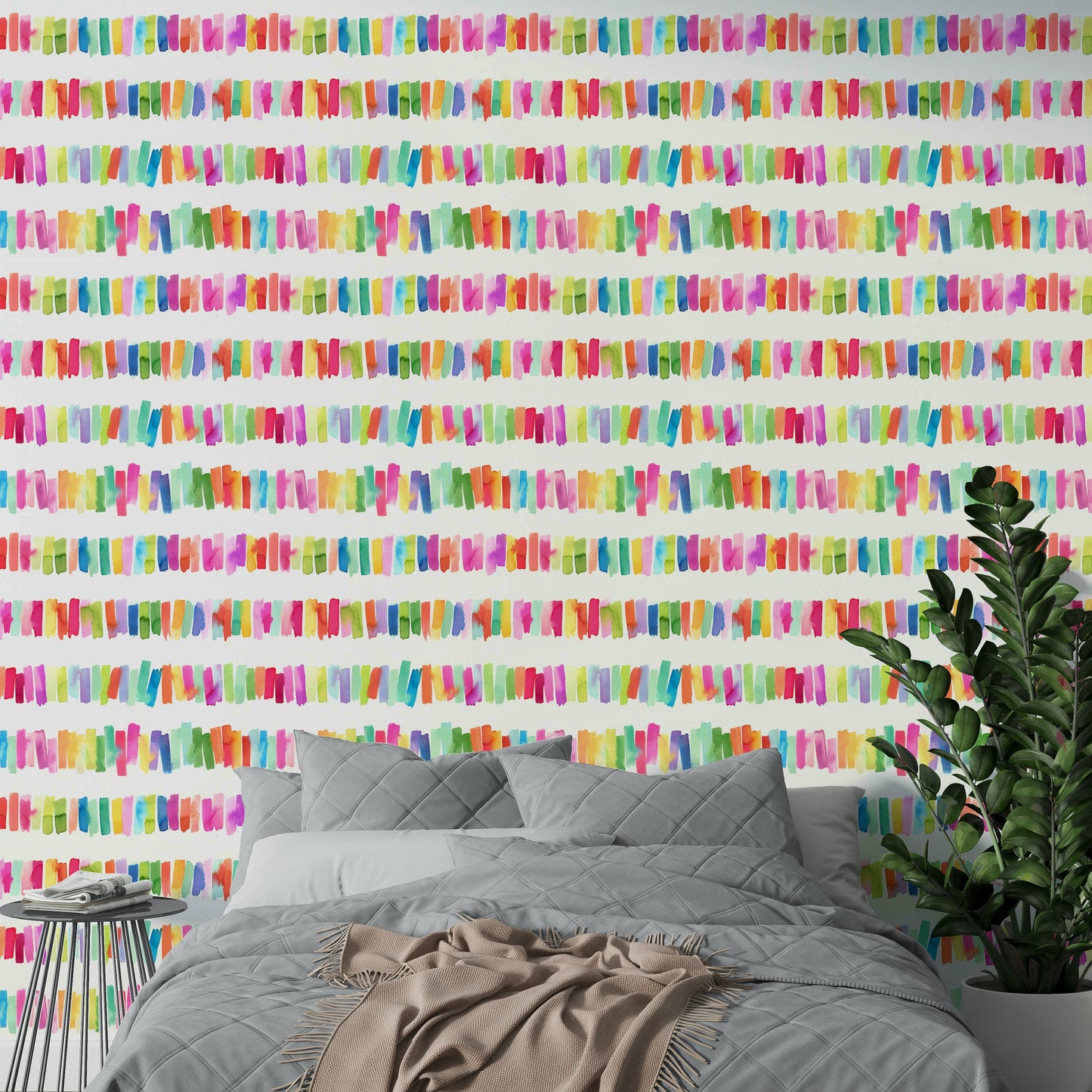 Playful rainbow wall stripes with paint texture

