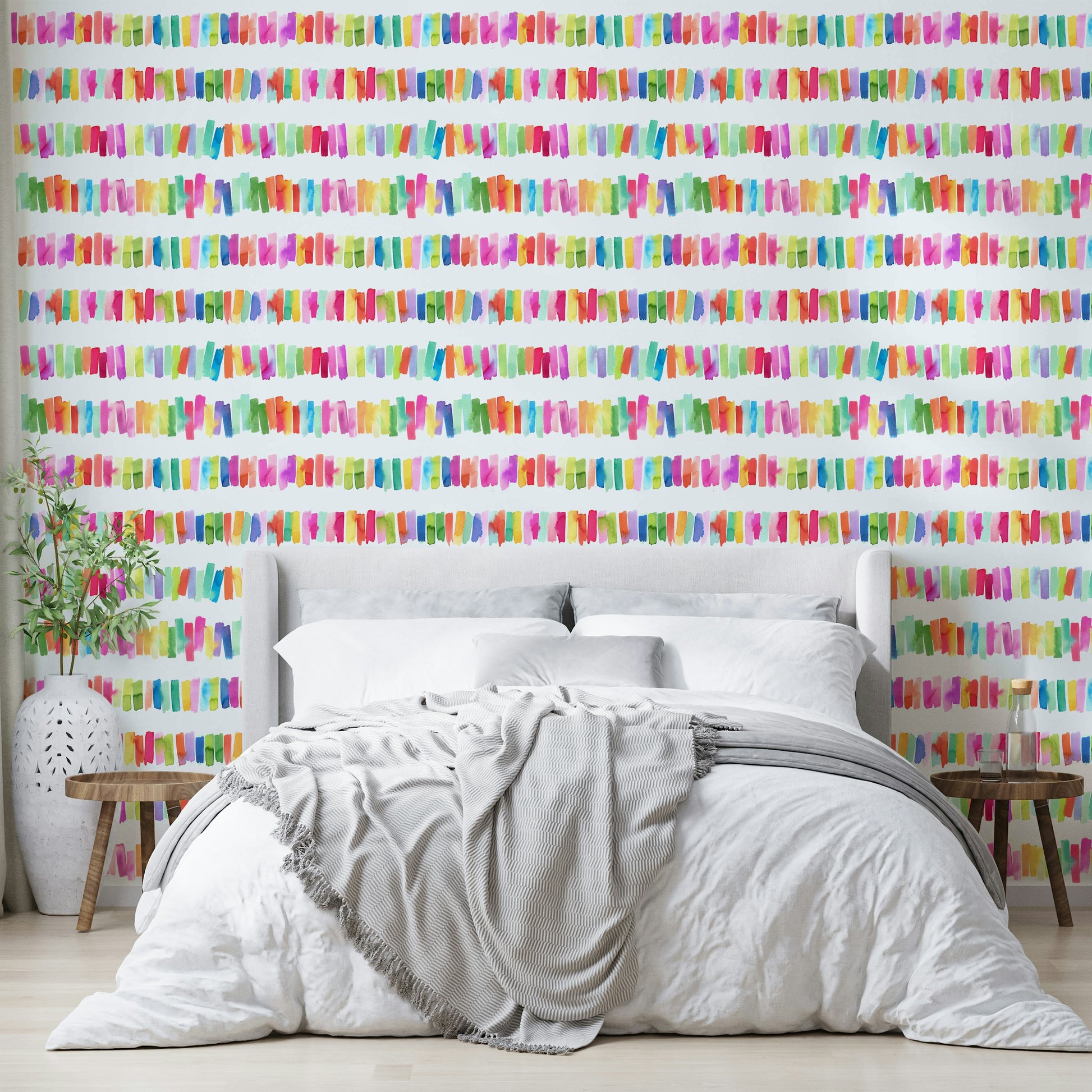 Colorful striped wall art with brush effects

