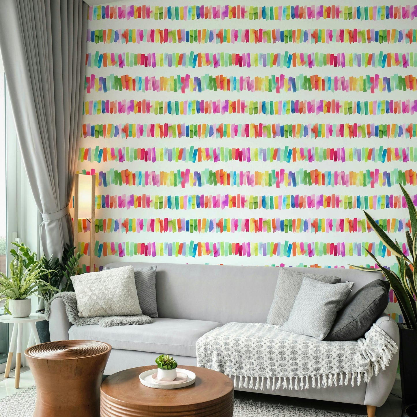 Multicolor striped wallpaper with paint strokes

