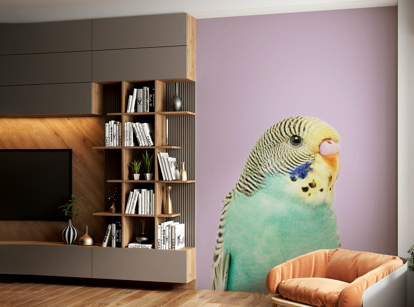 Vibrant parakeet mural with tropical flair

