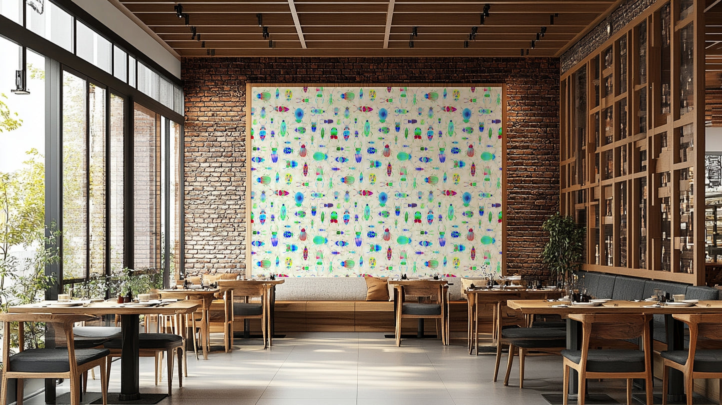Bold insect wallpaper in a modern room


