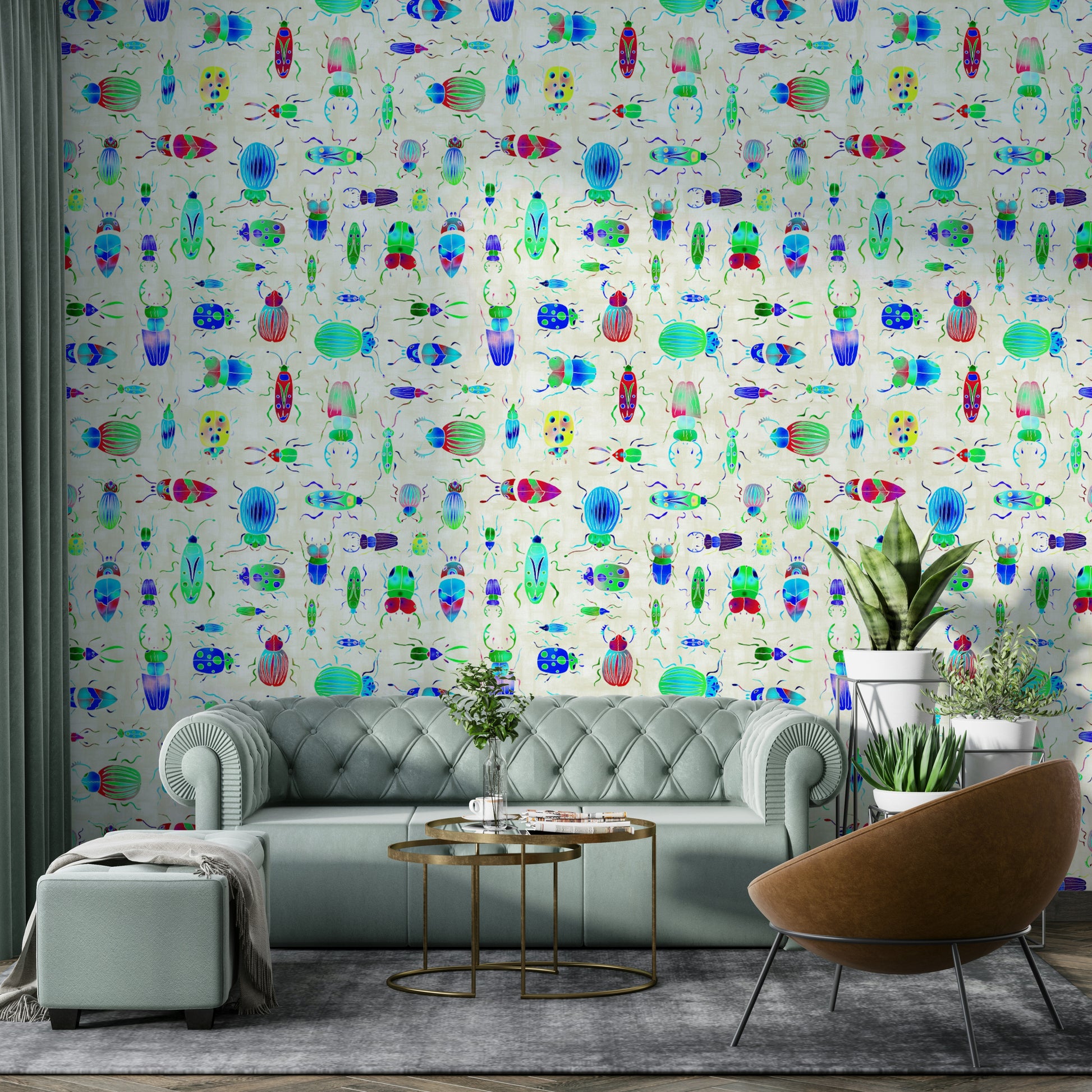 Blue wall mural featuring playful insects

