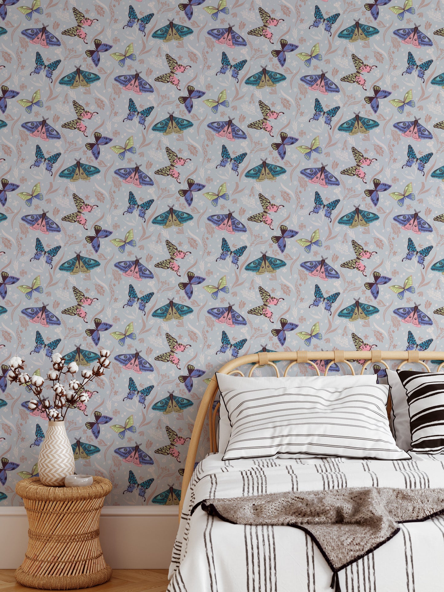 Master suite with premium canvas butterfly pattern wallpaper mural for a sophisticated and bold nature-inspired design.
