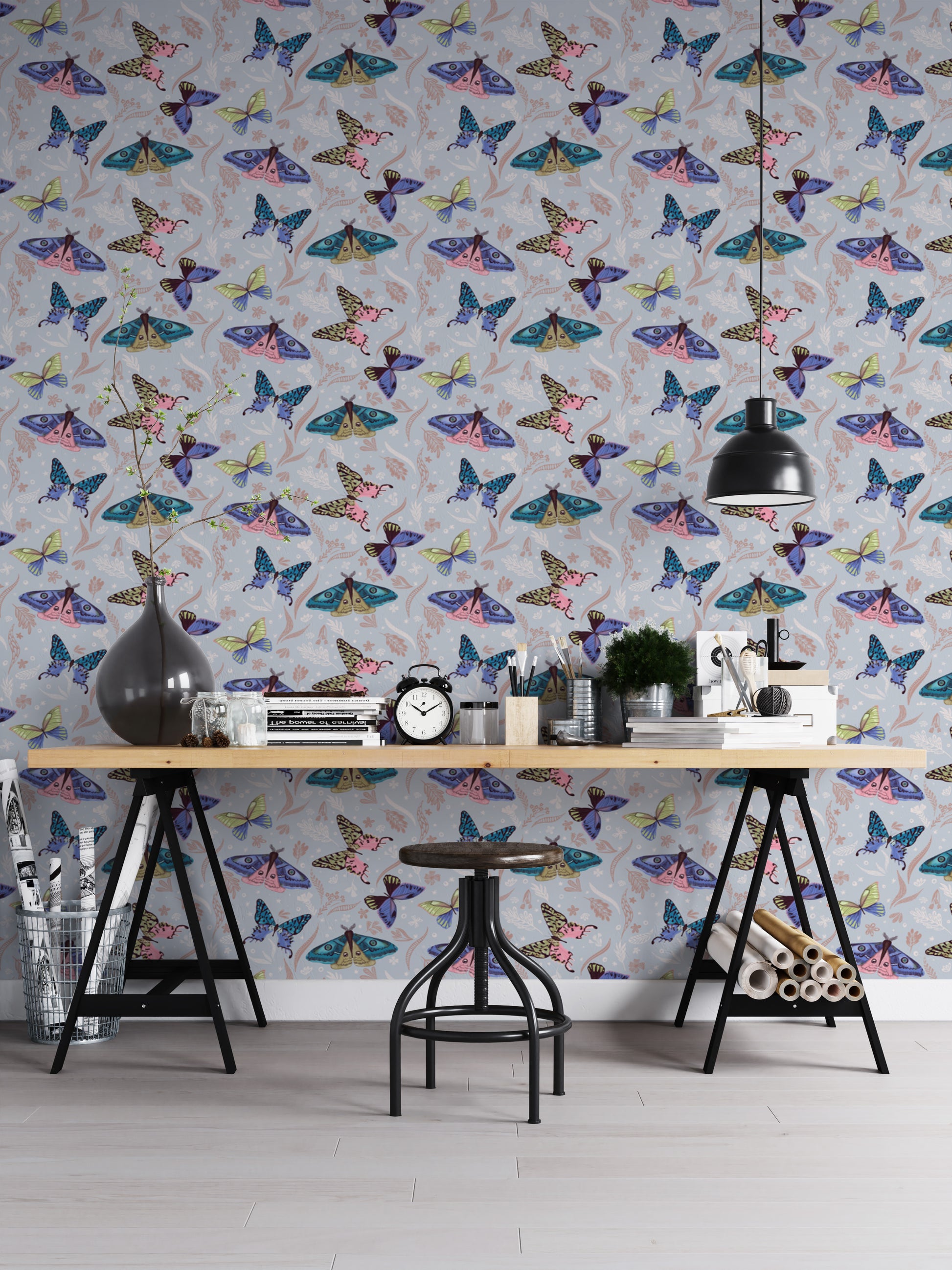 Temporary butterfly pattern wallpaper mural in a workspace for a damage-free and lively professional transformation.
