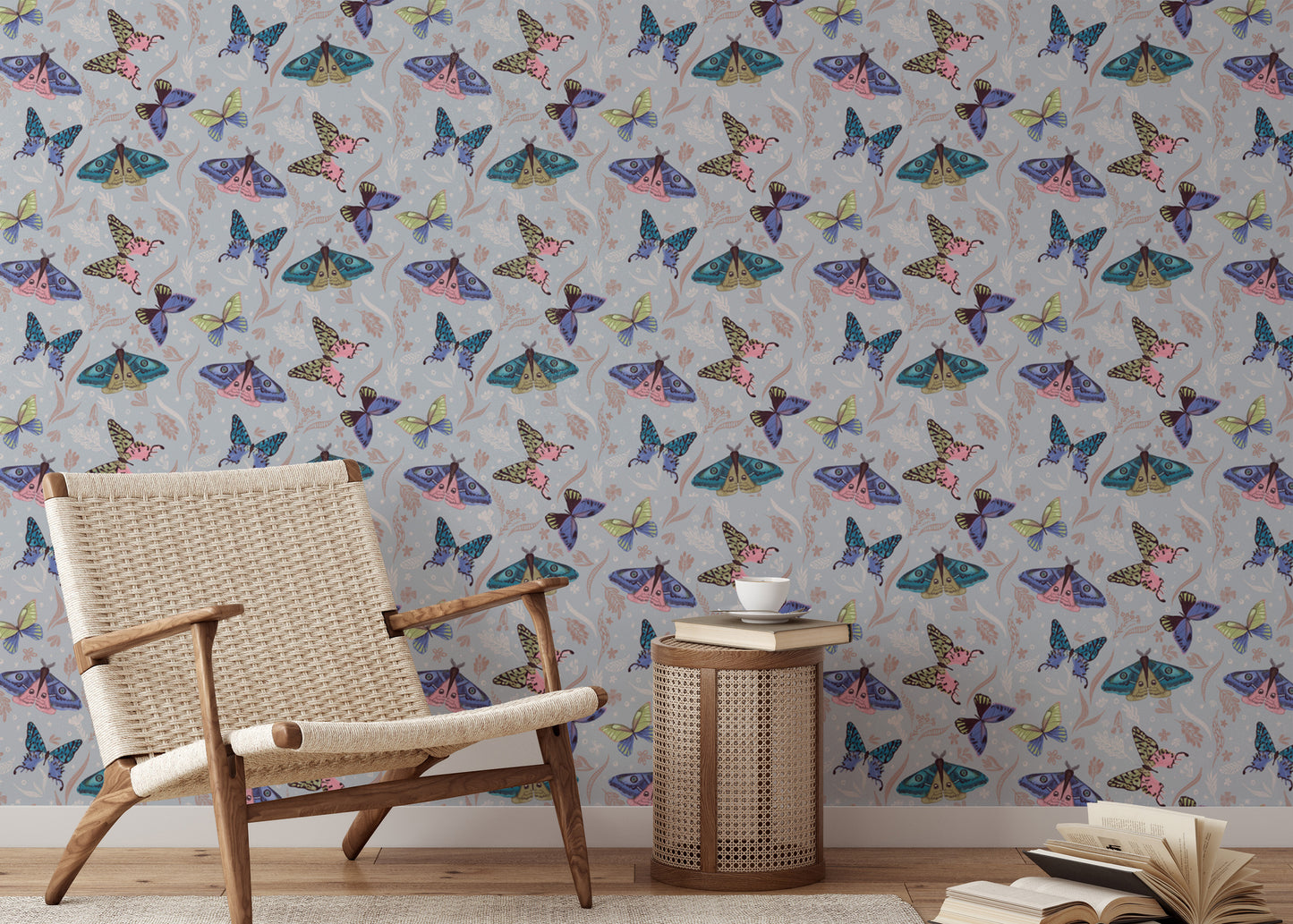 Removable butterfly pattern wallpaper mural in a lounge area, perfect for a flexible and colorful decor choice.