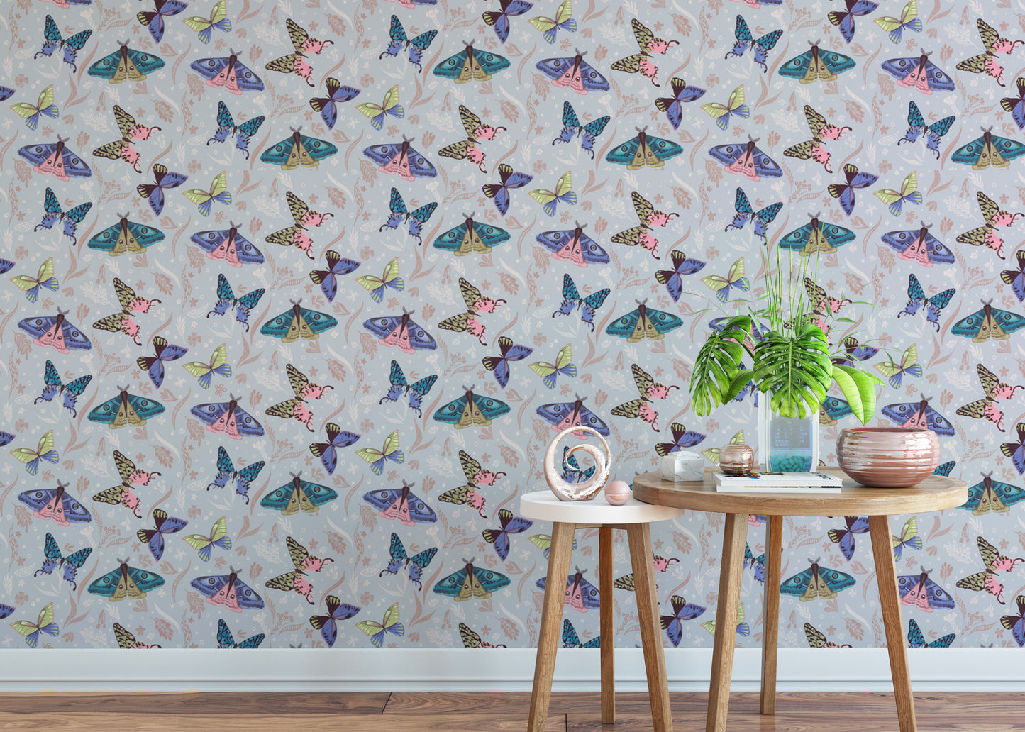 Standard colorful butterfly pattern wallpaper mural in a sunroom for a bright and inspiring, nature-filled space.