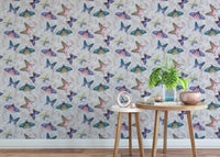 Standard colorful butterfly pattern wallpaper mural in a sunroom for a bright and inspiring, nature-filled space.