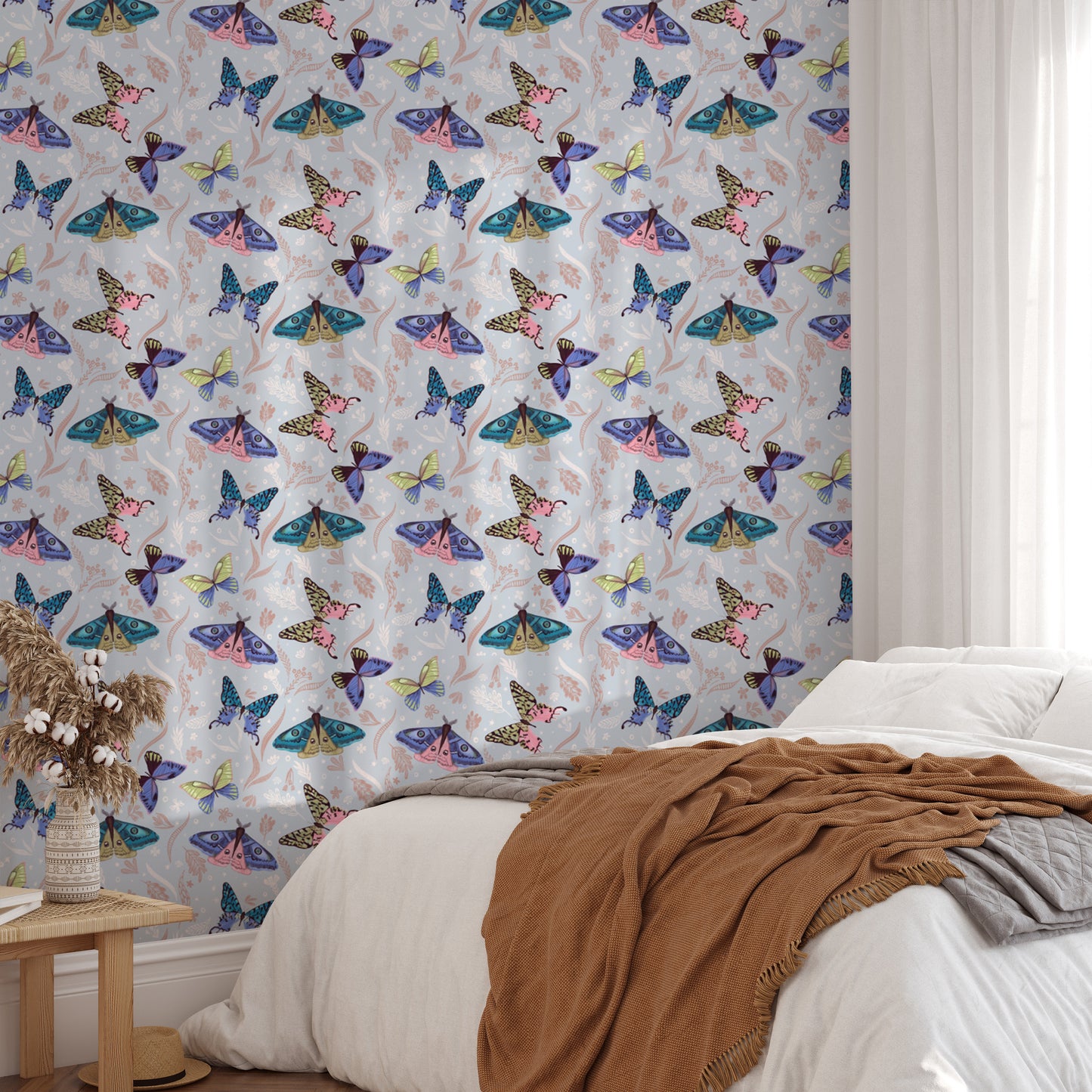 Colorful butterfly pattern wallpaper mural in a bedroom with peel and stick material for a vibrant, easy update.