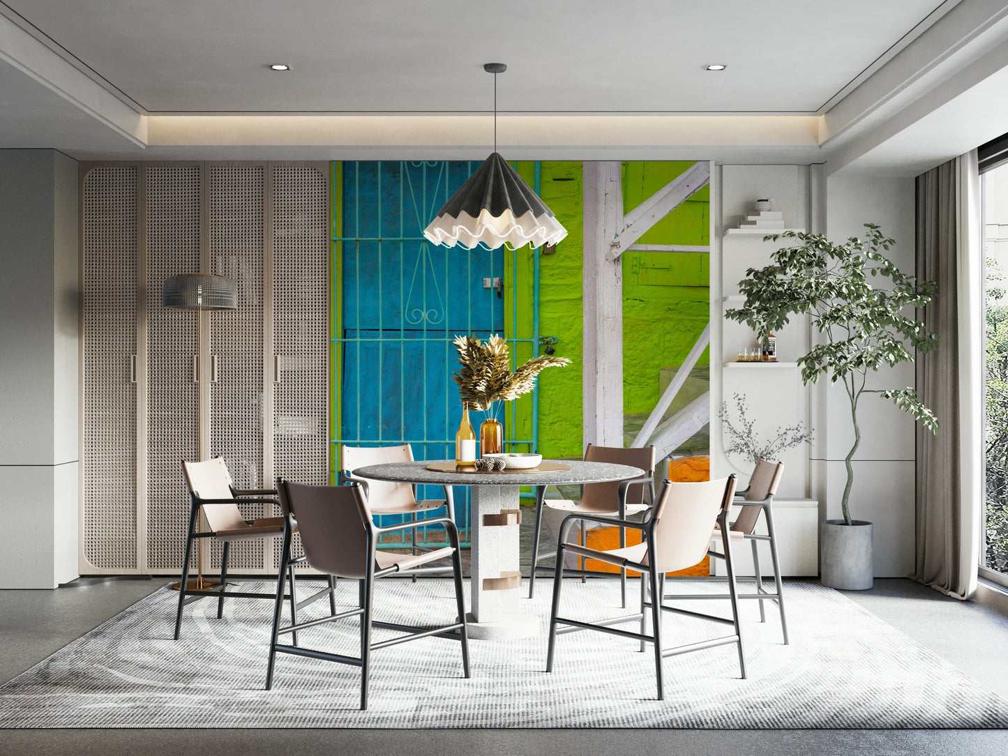 An artistic bright door mural on minimalist wallpaper.

