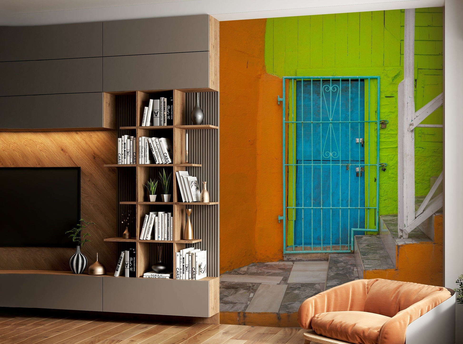 A serene colorful street wall mural for your decor.

