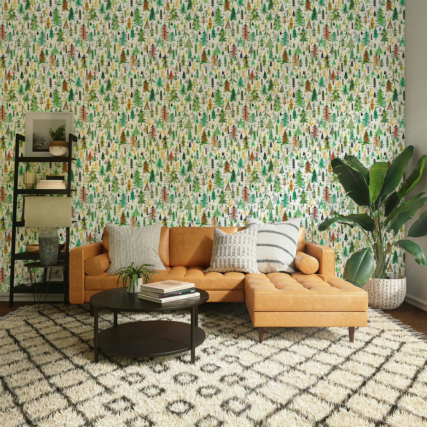 Green wallpaper with artistic Christmas tree pattern


