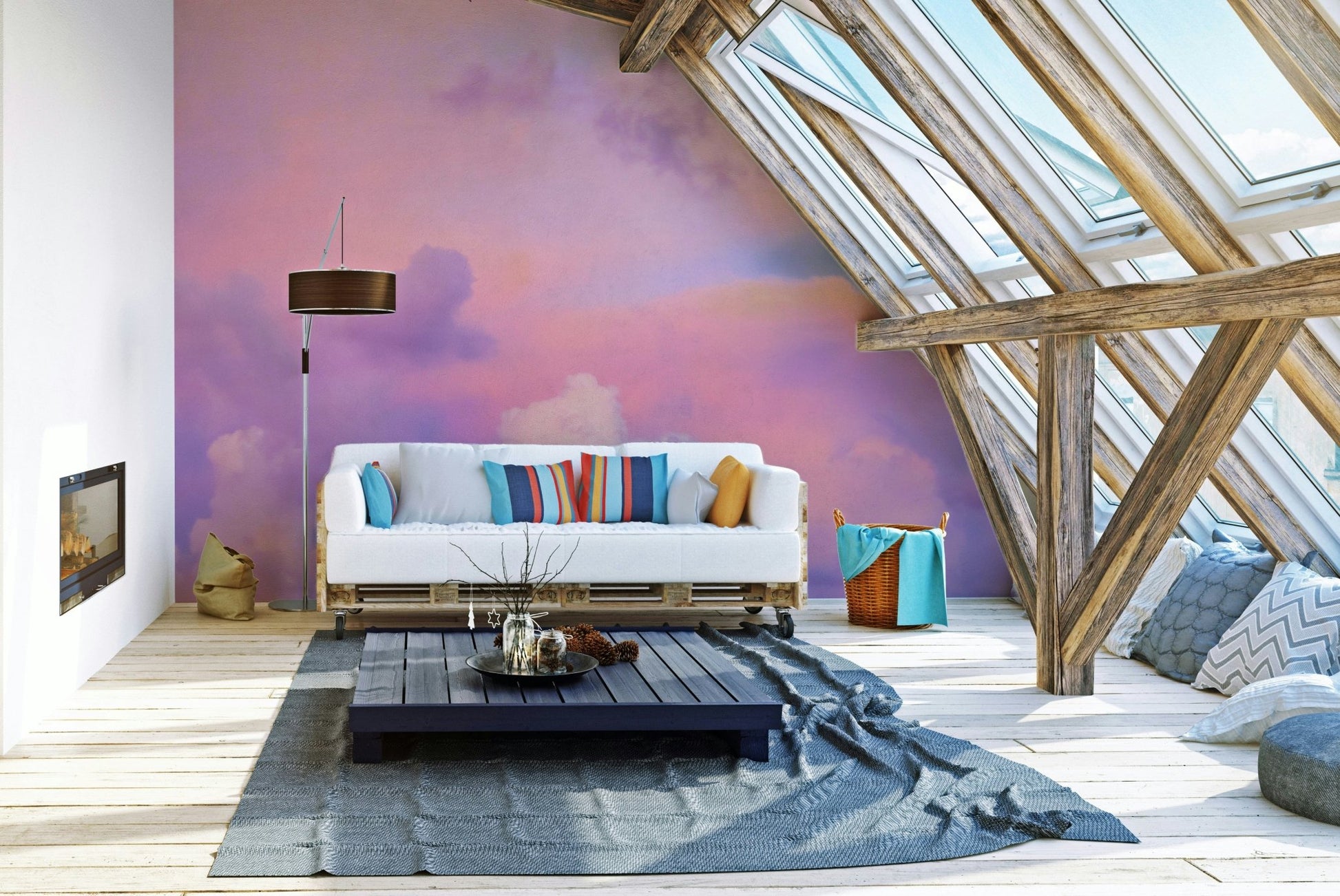 Full view of colorful sunset sky mural

