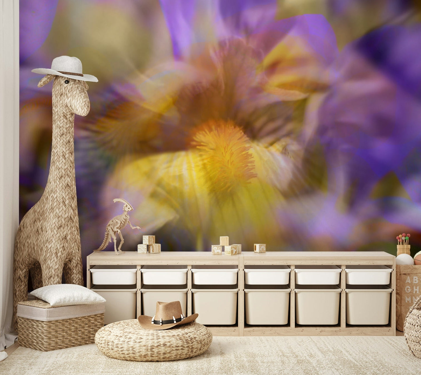 The floral forms are suggested rather than realistic, giving it a modern art feel.

