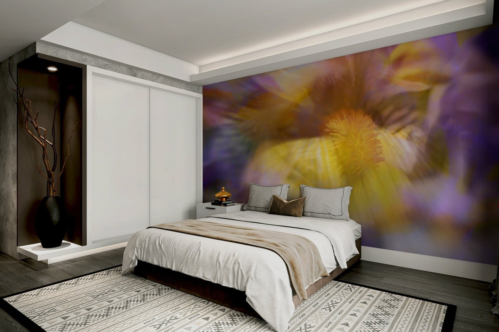 The wallpaper is applied seamlessly, making the entire wall a single piece of art.

