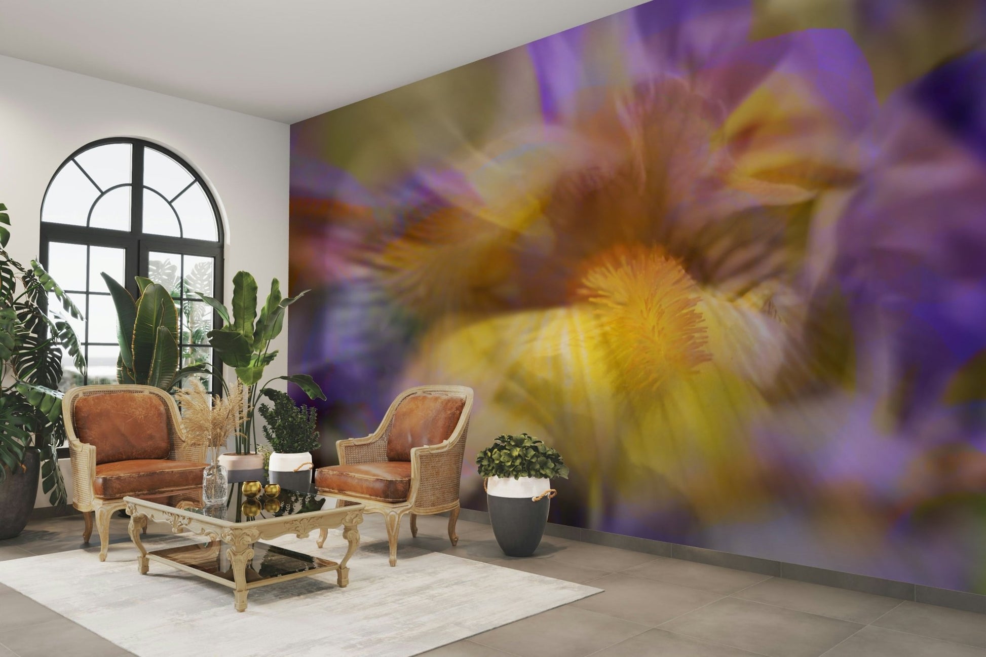 An abstract wall mural showing a floral design with vibrant, non-realistic colors.

