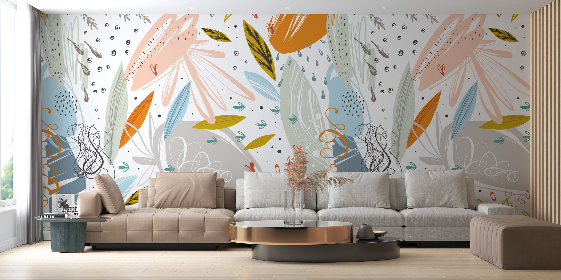 Colorful Floral Doodle wallpaper behind beige and grey sectional sofas in a spacious living room