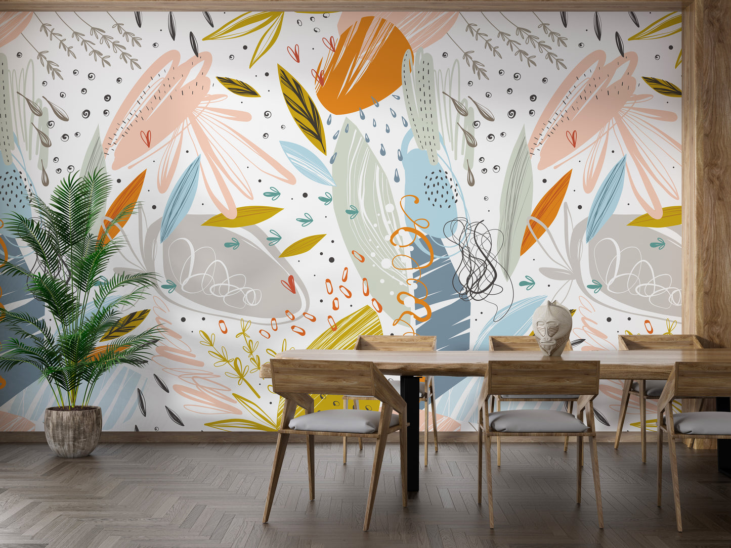 Colorful Floral Doodle wallpaper behind a wooden dining table and chairs with a potted palm in a dining room