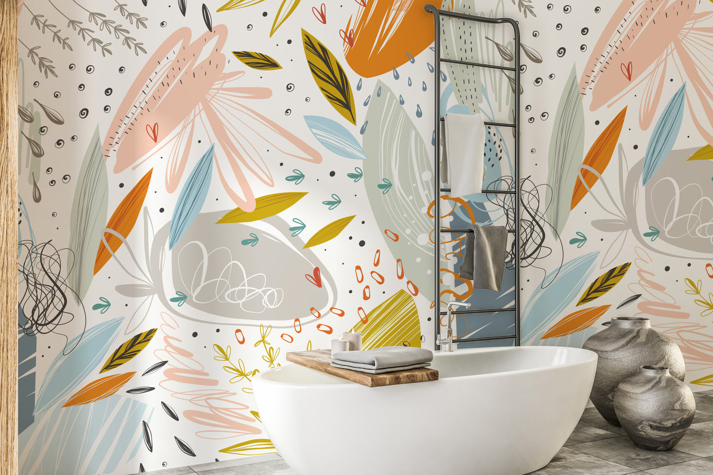 Colorful Floral Doodle wallpaper beside a freestanding white bathtub and towel ladder in a bathroom