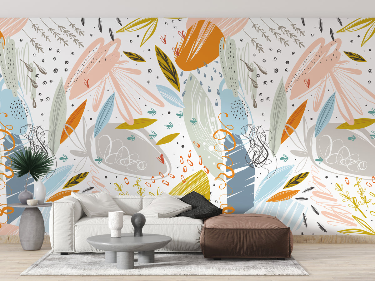 Colorful Floral Doodle wallpaper in orange and blush behind a white sofa and leather ottoman in a living room