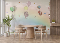 Flying Animals With Balloons Kids Room wallpaper mural styled along a hallway feature wall near a console