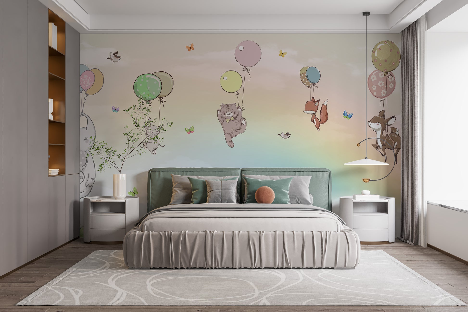 Flying Animals With Balloons Kids Room wallpaper mural as a feature wall in a home office workspace in soft pastel tones