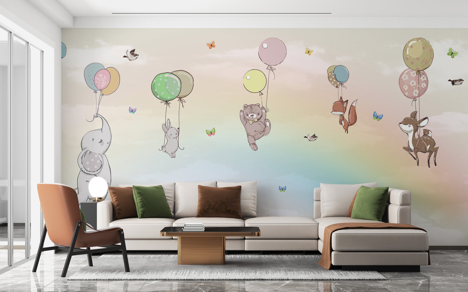 Flying Animals With Balloons Kids Room wallpaper mural styled as a feature wall behind a dining table and chairs