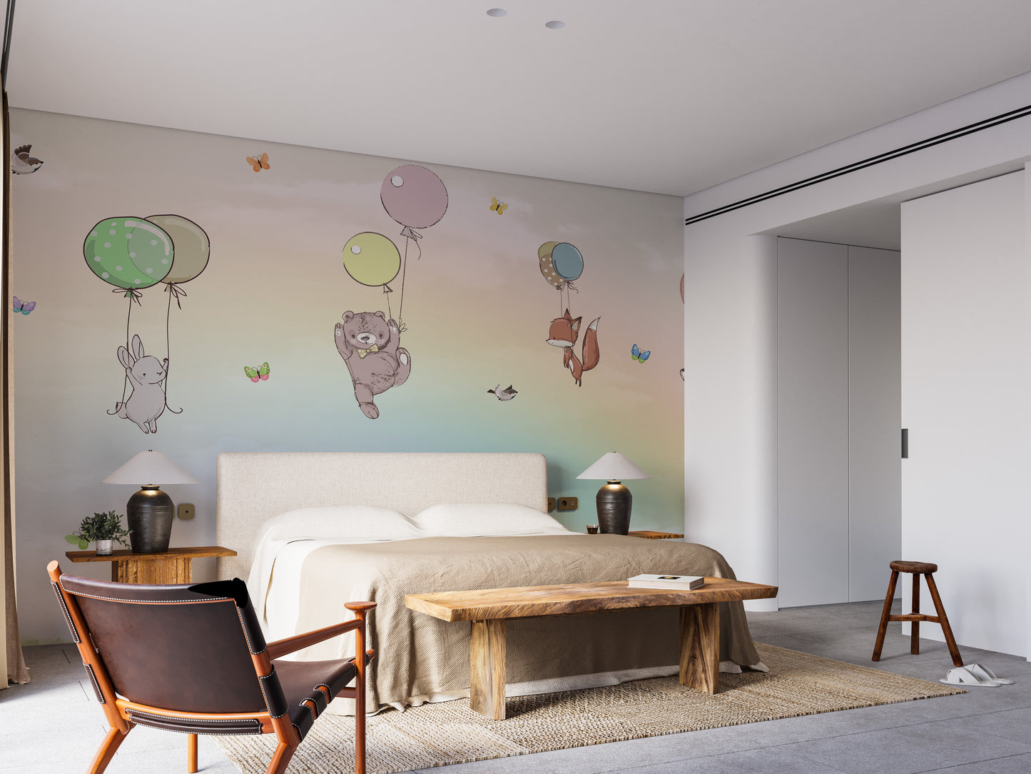 Flying Animals With Balloons Kids Room wallpaper mural as a bedroom feature wall behind the headboard in soft pastel tones
