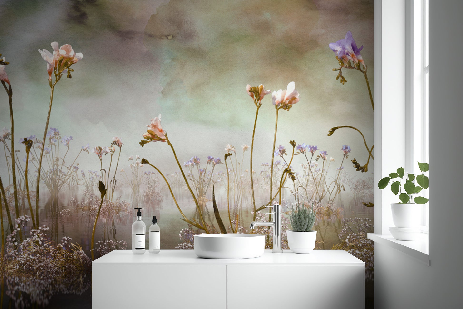 Colorful Freesia Floral Watercolor wallpaper mural above a white floating vanity with a round vessel sink in a bathroom