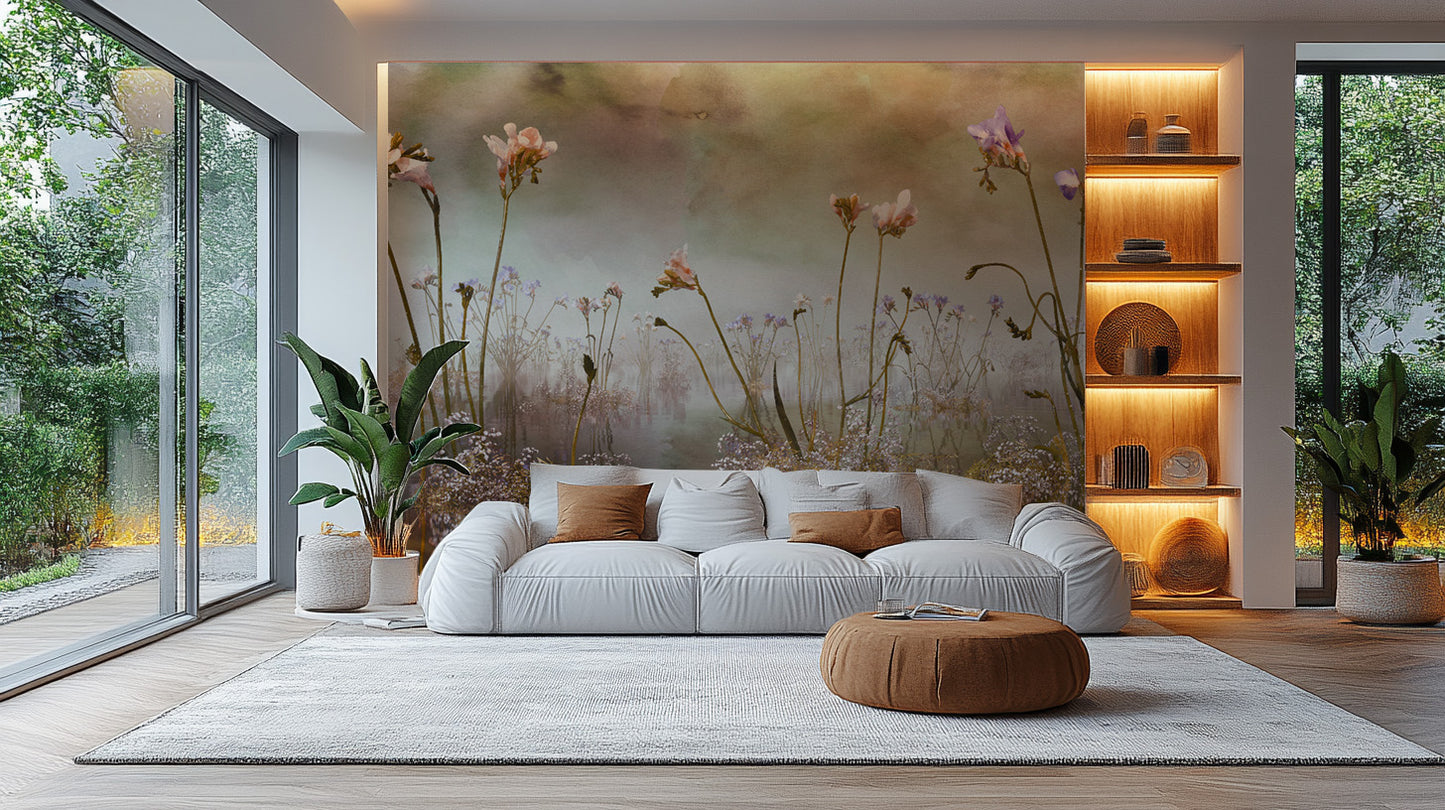 Colorful Freesia Floral Watercolor wallpaper mural behind a white sofa and tan pouf by lit wood display shelves