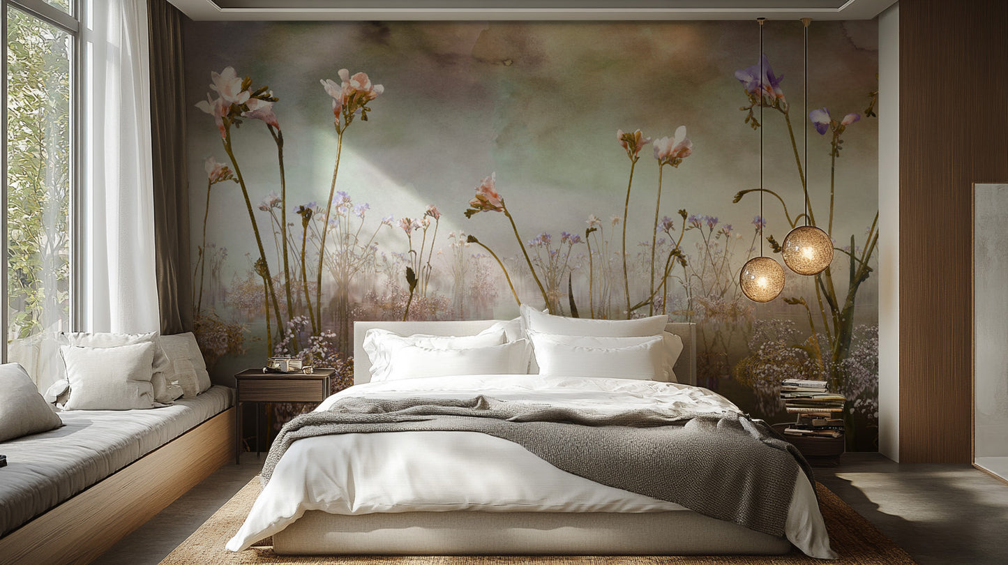 Colorful Freesia Floral Watercolor wallpaper mural of misty wildflowers above a white bed with globe pendant lights