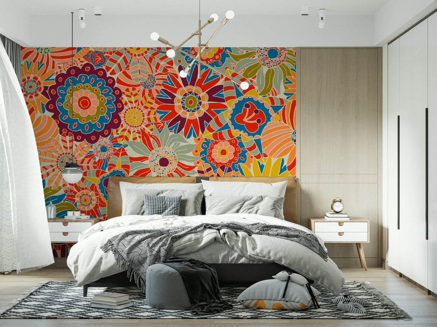 Colorful Groovy Blooms wallpaper mural, bold abstract floral design.