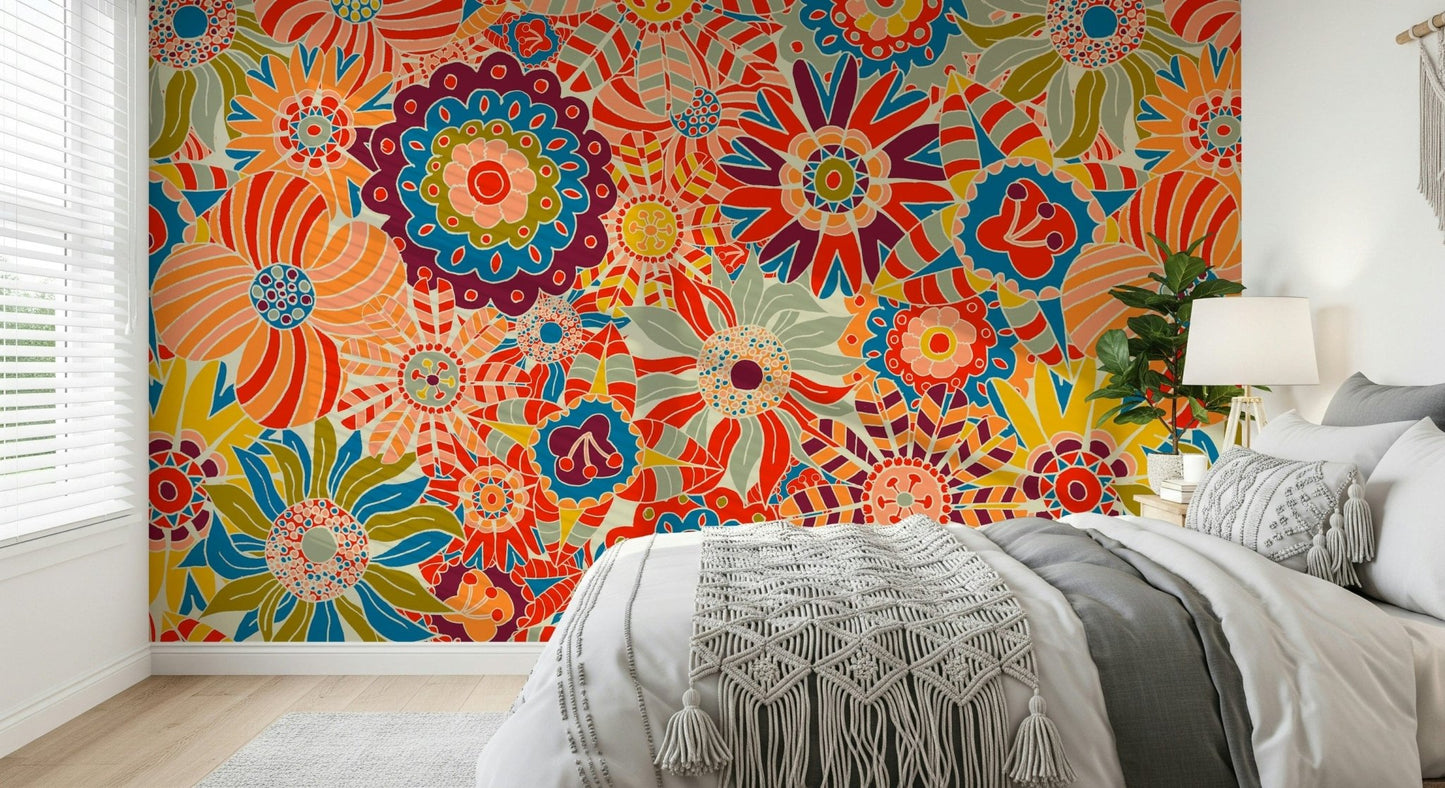 Artistic hand-drawn flower pattern, great home decor, stunning mural.