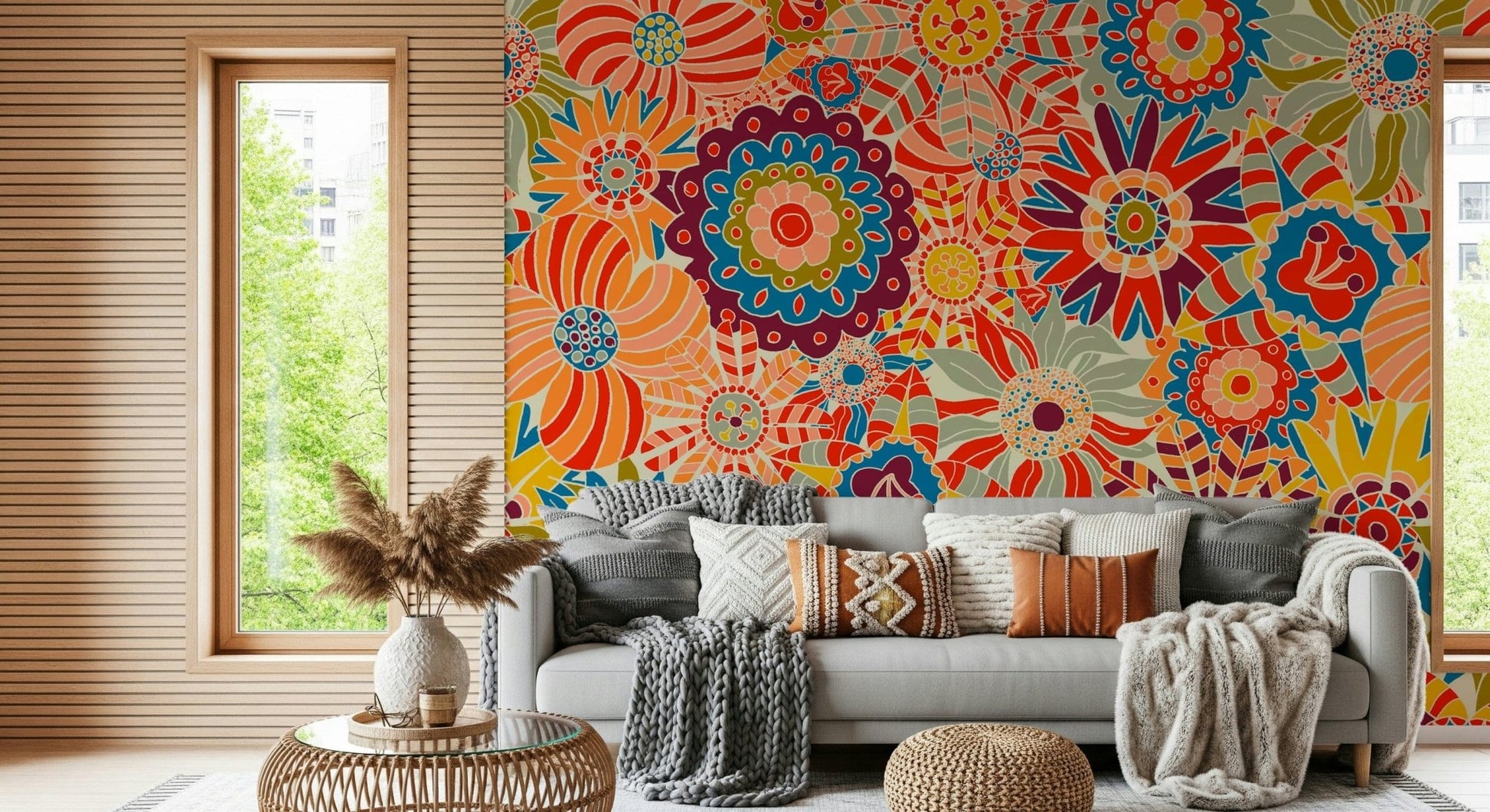 Colorful Groovy Blooms, bohemian aesthetic, unique flower wallpaper.