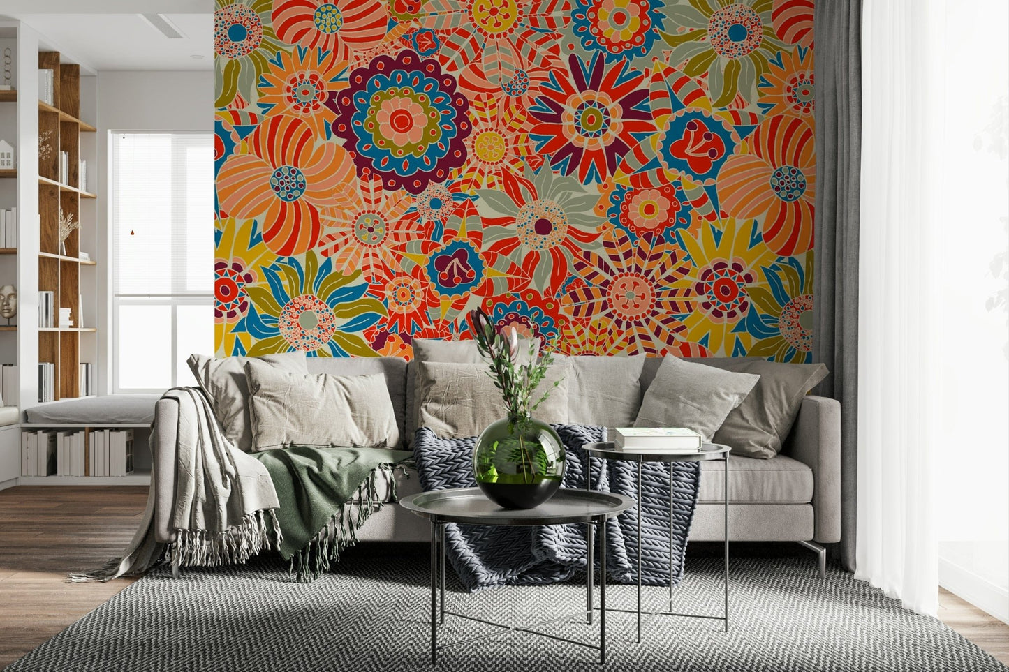 Decorative art wall mural, groovy flower power print, striking decor.